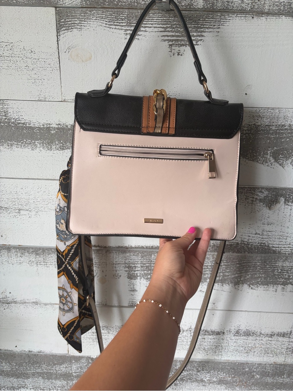 Black and Tan Top-Handle Crossbody Bag with Gold Chain Accent, and Scarf accent. - Picture 3 of 8
